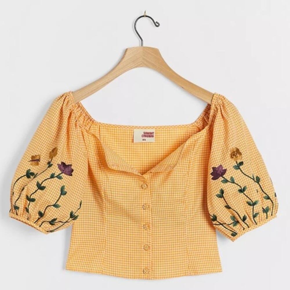 Samant Chauhan Amabella Embroidered Blouse Womens Size Small Gingham Embroidered